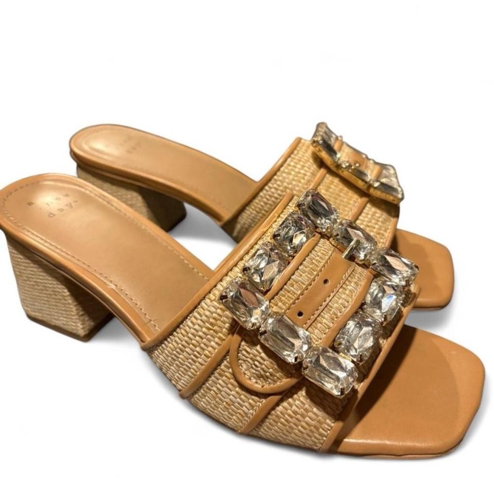 a new day Tan Jeweled Raffia Block Heel Mules